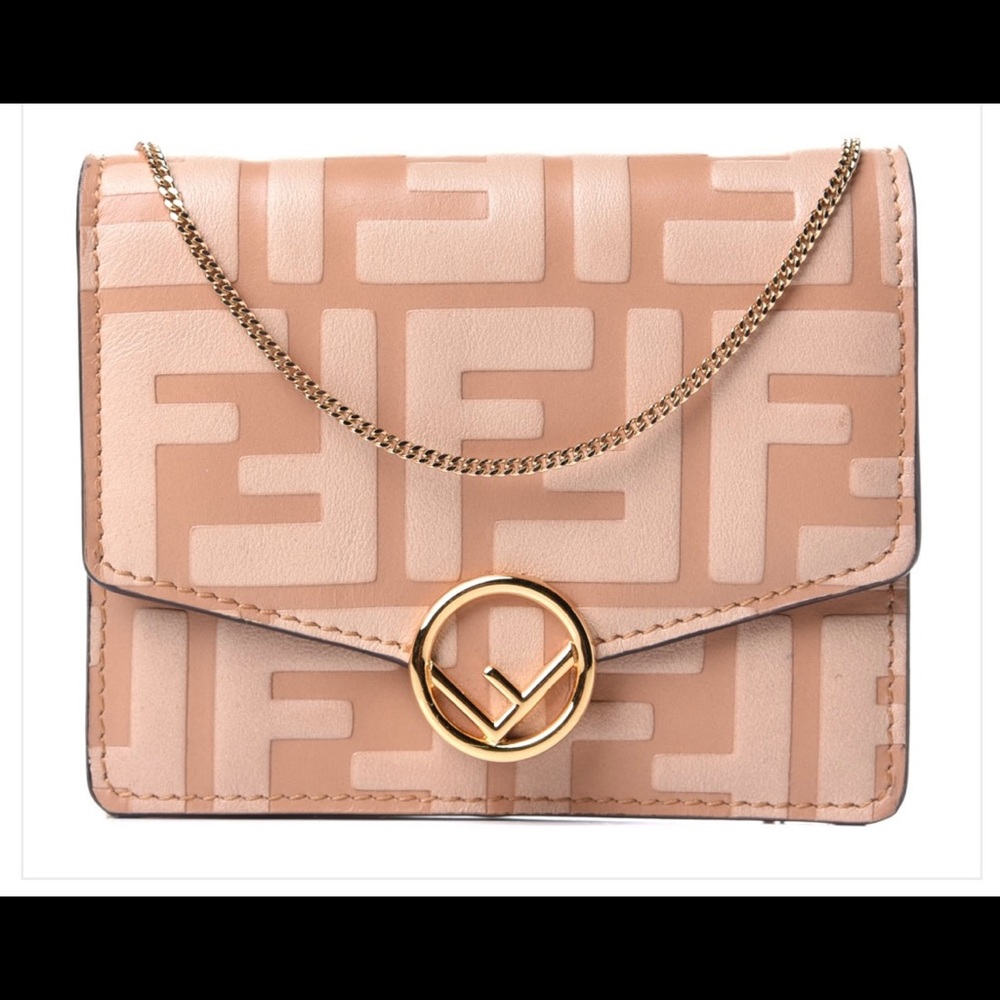 Calfskin F is Fendi FF 1974 Embossed Geometric Flap Wallet on Chain Honey